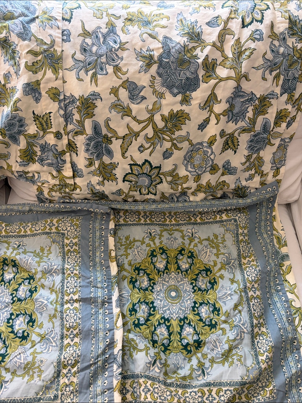 Vintage Pottery Barn Floral Block Print Linen Duvet Cover + 2 Pillowcases 2 Sham - Picture 6 of 12